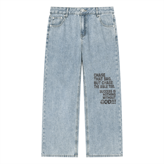 Success Is Nothing w/o God Vintage Wash Straight Leg Jeans
