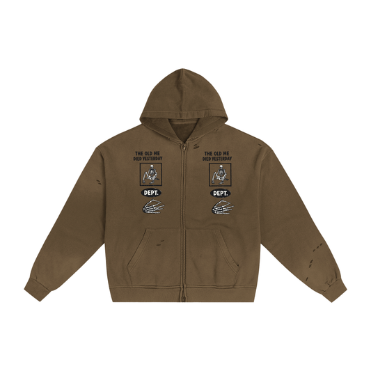 The Old Me Died Yesterday Hand-Frayed Zip Hoodie